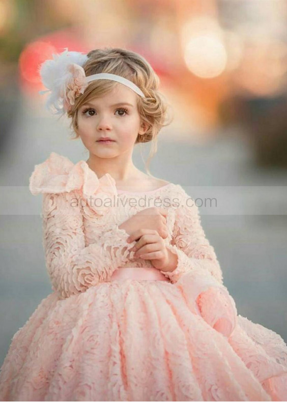 Long Sleeves Blush Pink Rosette Flower Girl Dress Long Sleeves Blush Pink Rosette Flower Girl Dress